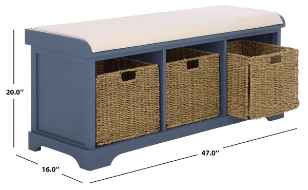 Safavieh LONAN Storage Bench – Farmhouse-Inspired Entryway Seat with Removable Baskets and Cushion Comfort Blue AMH5733H