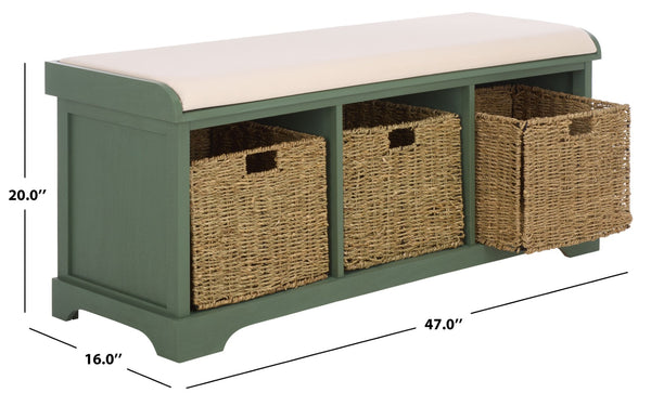 Safavieh LONAN Storage Bench – Farmhouse-Inspired Entryway Seat with Removable Baskets and Cushion Comfort Dusty Green AMH5733J