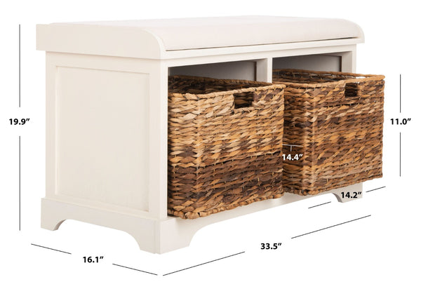 Safavieh Freddy Wicker Storage Bench - Stylish Seating With Hidden Baskets For Entryway, Bedroom, And More Vintage White AMH5736D
