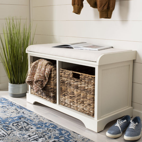 Safavieh Freddy Wicker Storage Bench - Stylish Seating With Hidden Baskets For Entryway, Bedroom, And More Vintage White AMH5736D