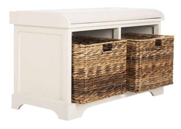 Safavieh Freddy Wicker Storage Bench - Stylish Seating With Hidden Baskets For Entryway, Bedroom, And More Vintage White AMH5736D