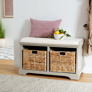 Safavieh Freddy Wicker Storage Bench - Stylish Seating With Hidden Baskets For Entryway, Bedroom, And More Vintage Grey AMH5736F