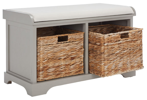 Safavieh Freddy Wicker Storage Bench - Stylish Seating With Hidden Baskets For Entryway, Bedroom, And More Vintage Grey AMH5736F