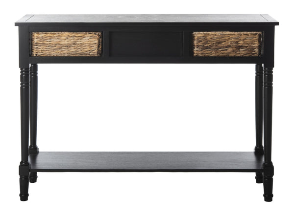 Safavieh Christa Console Table - Timeless Rustic Charm With Rattan Drawers And Open Shelf For Storage & Display Distressed  Black AMH5737A