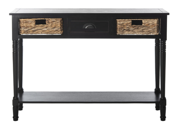 Safavieh Christa Console Table - Timeless Rustic Charm With Rattan Drawers And Open Shelf For Storage & Display Distressed  Black AMH5737A