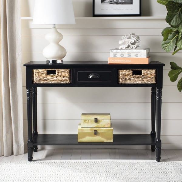 Safavieh Christa Console Table - Timeless Rustic Charm With Rattan Drawers And Open Shelf For Storage & Display Distressed  Black AMH5737A
