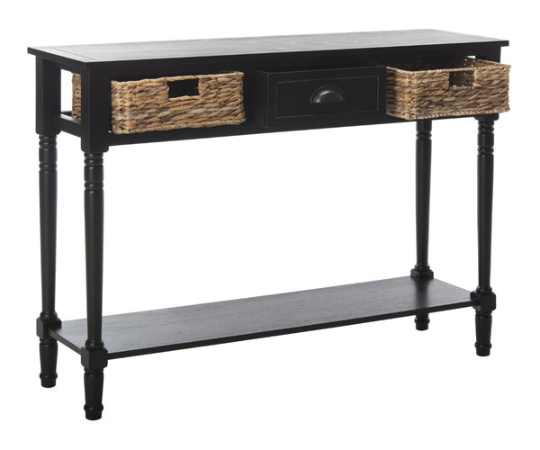 Safavieh Christa Console Table - Timeless Rustic Charm With Rattan Drawers And Open Shelf For Storage & Display Distressed  Black AMH5737A