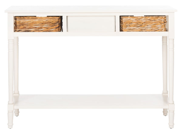 Safavieh Christa Console Table - Timeless Rustic Charm With Rattan Drawers And Open Shelf For Storage & Display Vintage White AMH5737B