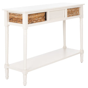 Safavieh Christa Console Table - Timeless Rustic Charm With Rattan Drawers And Open Shelf For Storage & Display Vintage White AMH5737B