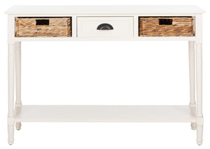 Safavieh Christa Console Table - Timeless Rustic Charm With Rattan Drawers And Open Shelf For Storage & Display Vintage White AMH5737B