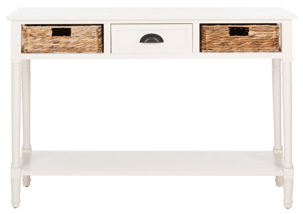 Safavieh Christa Console Table - Timeless Rustic Charm With Rattan Drawers And Open Shelf For Storage & Display Vintage White AMH5737B