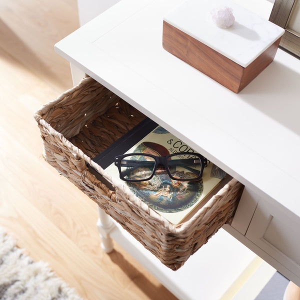 Safavieh Christa Console Table - Timeless Rustic Charm With Rattan Drawers And Open Shelf For Storage & Display Vintage White AMH5737B