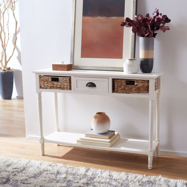 Safavieh Christa Console Table - Timeless Rustic Charm With Rattan Drawers And Open Shelf For Storage & Display Vintage White AMH5737B