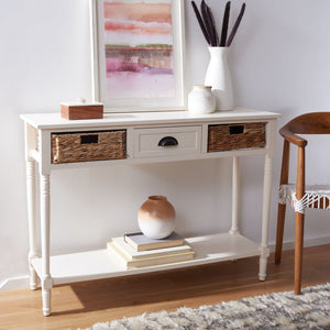 Safavieh Christa Console Table - Timeless Rustic Charm With Rattan Drawers And Open Shelf For Storage & Display Vintage White AMH5737B