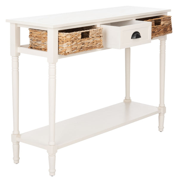 Safavieh Christa Console Table - Timeless Rustic Charm With Rattan Drawers And Open Shelf For Storage & Display Vintage White AMH5737B