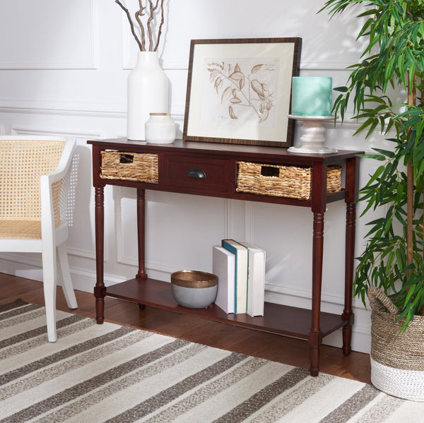 Safavieh Christa Console Table - Timeless Rustic Charm With Rattan Drawers And Open Shelf For Storage & Display Cherry AMH5737C