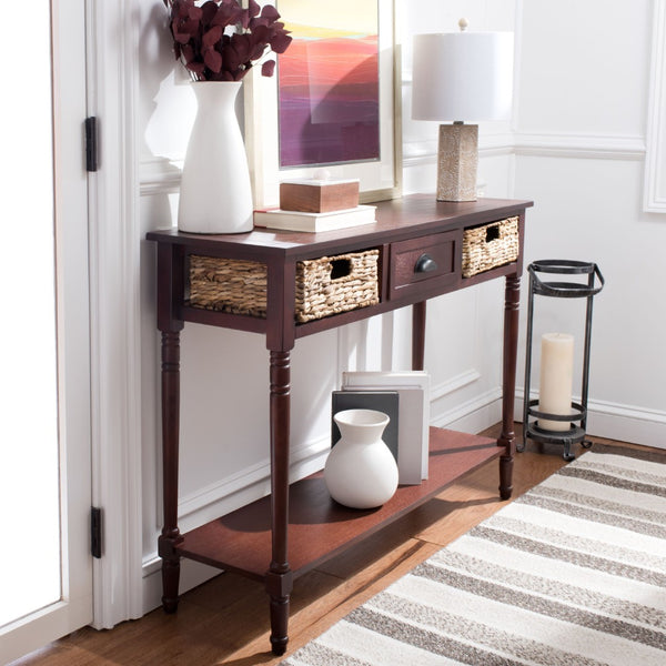 Safavieh Christa Console Table - Timeless Rustic Charm With Rattan Drawers And Open Shelf For Storage & Display Cherry AMH5737C