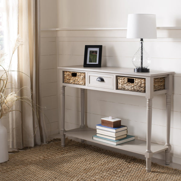 Safavieh Christa Console Table - Timeless Rustic Charm With Rattan Drawers And Open Shelf For Storage & Display Vintage Grey AMH5737D