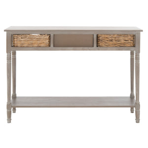 Safavieh Christa Console Table – Vintage White Pine With Rattan Drawers & Open Shelf For Coastal Charm AMH5737E