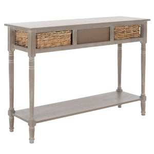 Safavieh Christa Console Table – Vintage White Pine With Rattan Drawers & Open Shelf For Coastal Charm AMH5737E