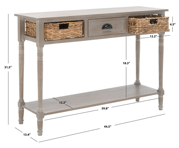 Safavieh Christa Console Table – Vintage White Pine With Rattan Drawers & Open Shelf For Coastal Charm AMH5737E