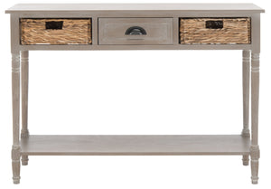 Safavieh Christa Console Table – Vintage White Pine With Rattan Drawers & Open Shelf For Coastal Charm AMH5737E