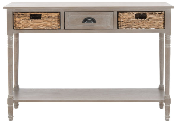 Safavieh Christa Console Table – Vintage White Pine With Rattan Drawers & Open Shelf For Coastal Charm AMH5737E