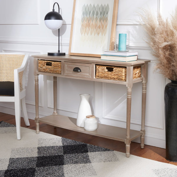 Safavieh Christa Console Table – Vintage White Pine With Rattan Drawers & Open Shelf For Coastal Charm AMH5737E