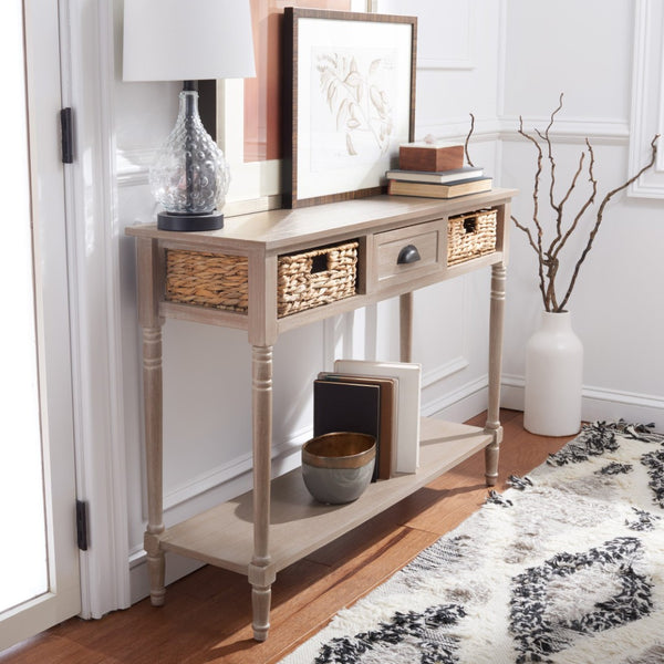Safavieh Christa Console Table – Vintage White Pine With Rattan Drawers & Open Shelf For Coastal Charm AMH5737E