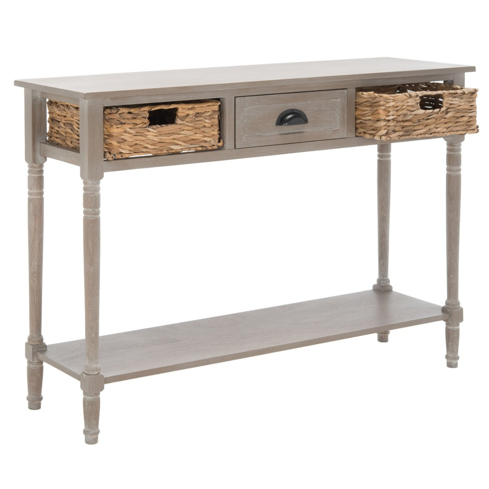 Safavieh Christa Console Table – Vintage White Pine With Rattan Drawers & Open Shelf For Coastal Charm AMH5737E