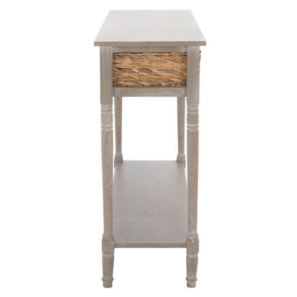 Safavieh Christa Console Table – Vintage White Pine With Rattan Drawers & Open Shelf For Coastal Charm AMH5737E