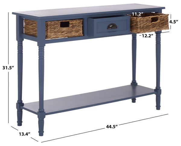 Safavieh CHRISTA Console Table - Coastal Cottage Charm with Rattan Drawers & Open Shelf for Stylish Storage Blue AMH5737H
