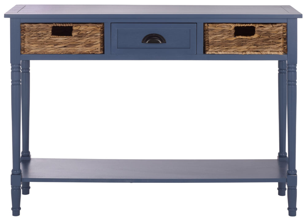 Safavieh CHRISTA Console Table - Coastal Cottage Charm with Rattan Drawers & Open Shelf for Stylish Storage Blue AMH5737H