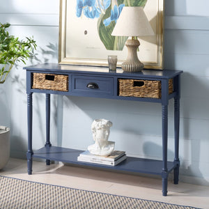 Safavieh CHRISTA Console Table - Coastal Cottage Charm with Rattan Drawers & Open Shelf for Stylish Storage Blue AMH5737H