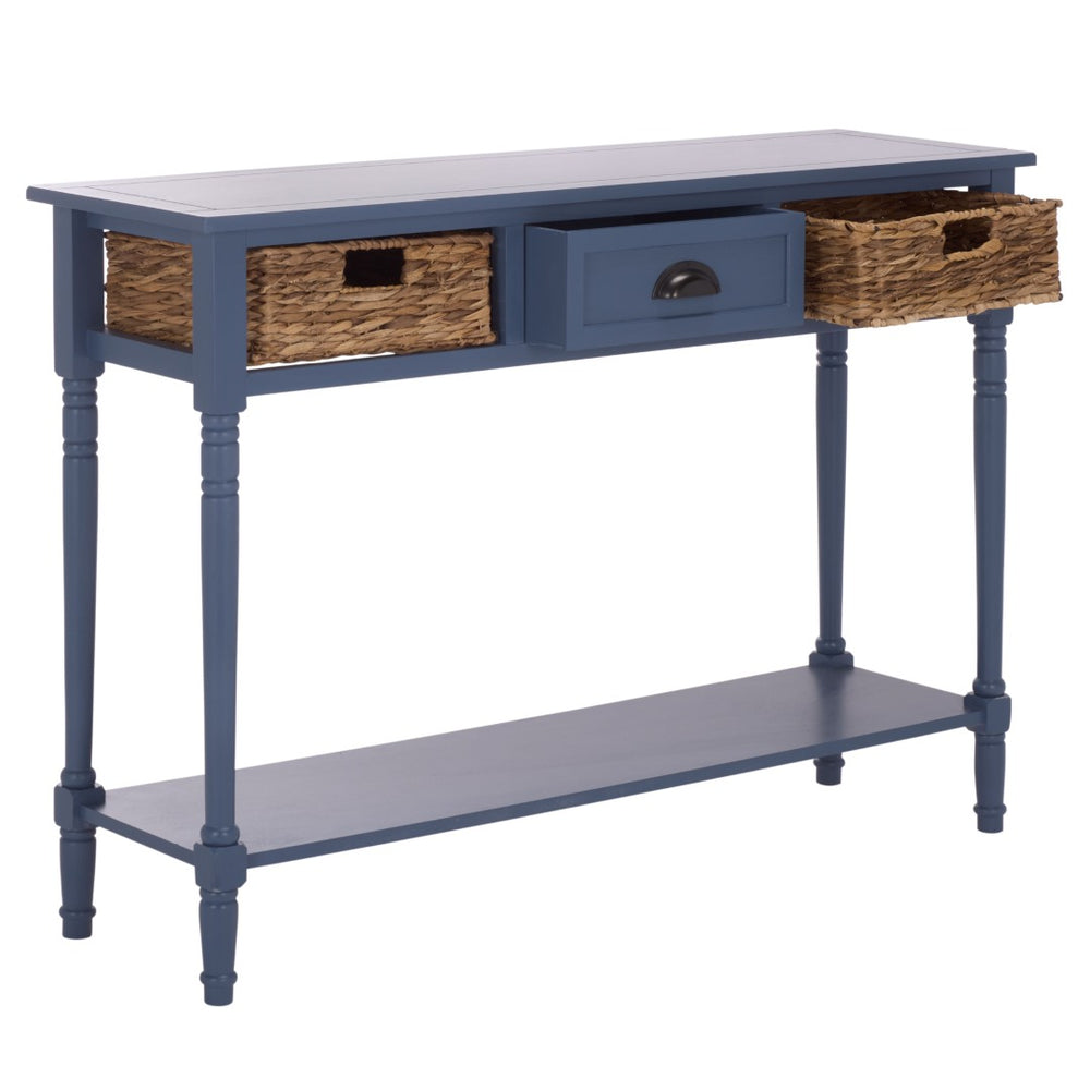 Safavieh CHRISTA Console Table - Coastal Cottage Charm with Rattan Drawers & Open Shelf for Stylish Storage Blue AMH5737H