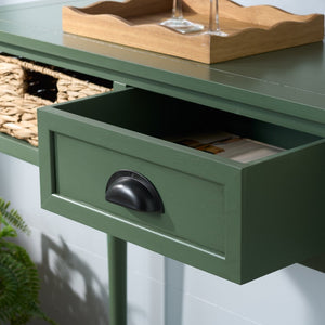 Safavieh CHRISTA Console Table - Coastal Cottage Charm with Rattan Drawers & Open Shelf for Stylish Storage Dusty Green AMH5737J