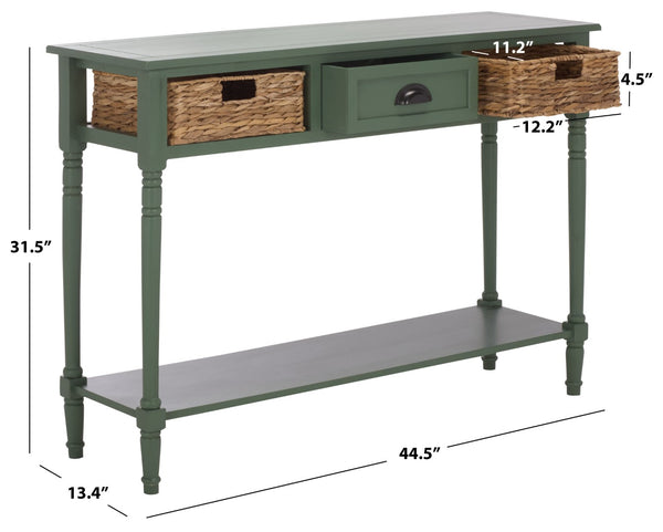 Safavieh CHRISTA Console Table - Coastal Cottage Charm with Rattan Drawers & Open Shelf for Stylish Storage Dusty Green AMH5737J