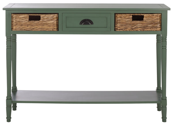 Safavieh Christa Console - Rustic Charm With Rattan Weave Drawers For Stylish Storage And Display Solutions Dusty Green Pine,Mdf,Banana Leaf Amh5737j
