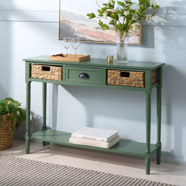 Safavieh CHRISTA Console Table - Coastal Cottage Charm with Rattan Drawers & Open Shelf for Stylish Storage Dusty Green AMH5737J