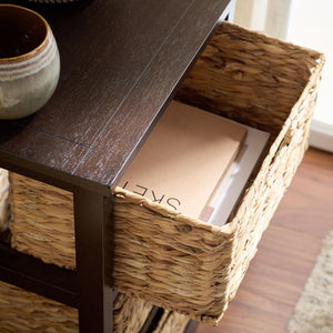 Halle Rustic Pine Side Table With Three Woven Baskets, Farmhouse Storage Accent For Living Rooms