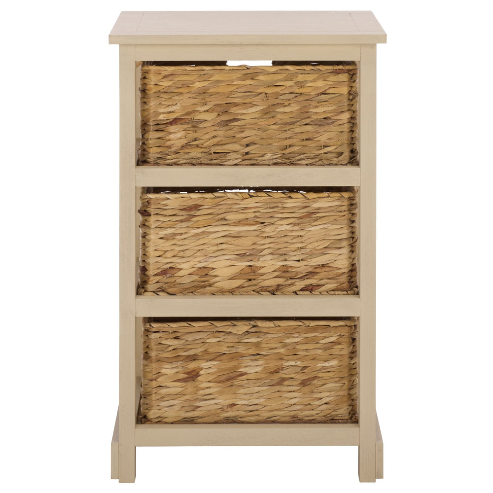 Halle Rustic Pine Side Table With Three Woven Baskets, Farmhouse Storage Accent For Living Rooms