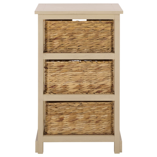 Halle Rustic Pine Side Table With Three Woven Baskets, Farmhouse Storage Accent For Living Rooms