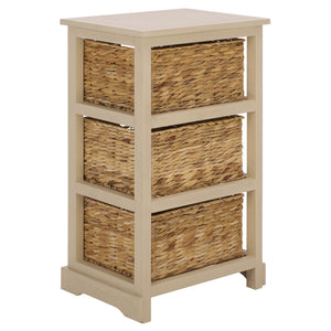 Halle Rustic Pine Side Table With Three Woven Baskets, Farmhouse Storage Accent For Living Rooms