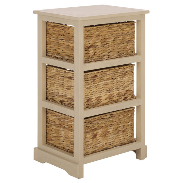 Halle Rustic Pine Side Table With Three Woven Baskets, Farmhouse Storage Accent For Living Rooms