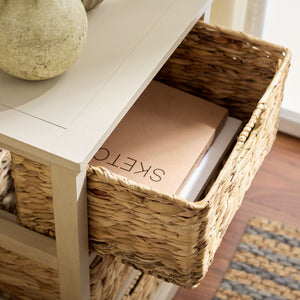 Halle Rustic Pine Side Table With Three Woven Baskets, Farmhouse Storage Accent For Living Rooms