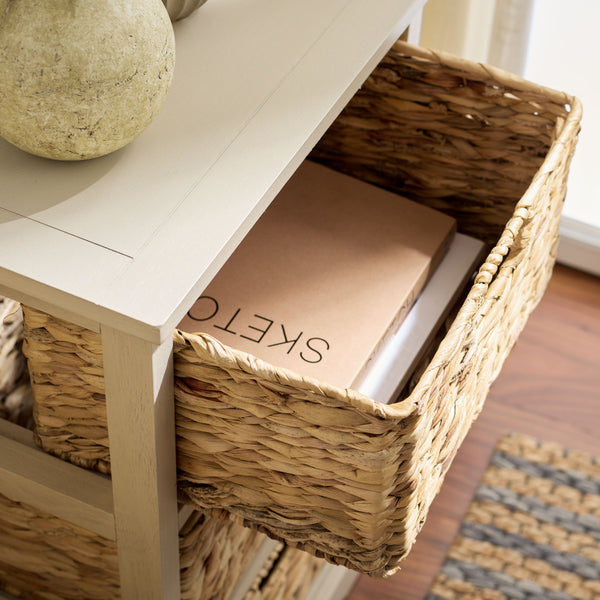Halle Rustic Pine Side Table With Three Woven Baskets, Farmhouse Storage Accent For Living Rooms
