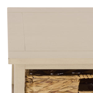 Halle Rustic Pine Side Table With Three Woven Baskets, Farmhouse Storage Accent For Living Rooms
