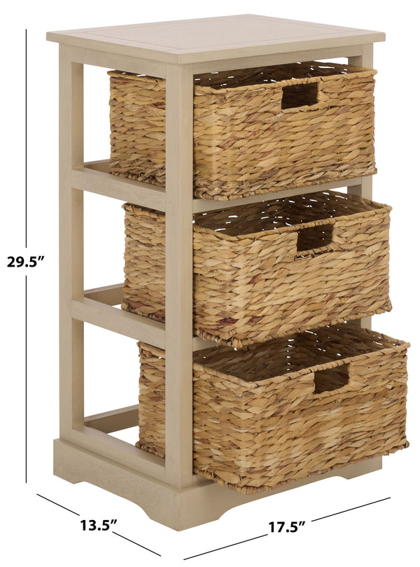 Halle Rustic Pine Side Table With Three Woven Baskets, Farmhouse Storage Accent For Living Rooms