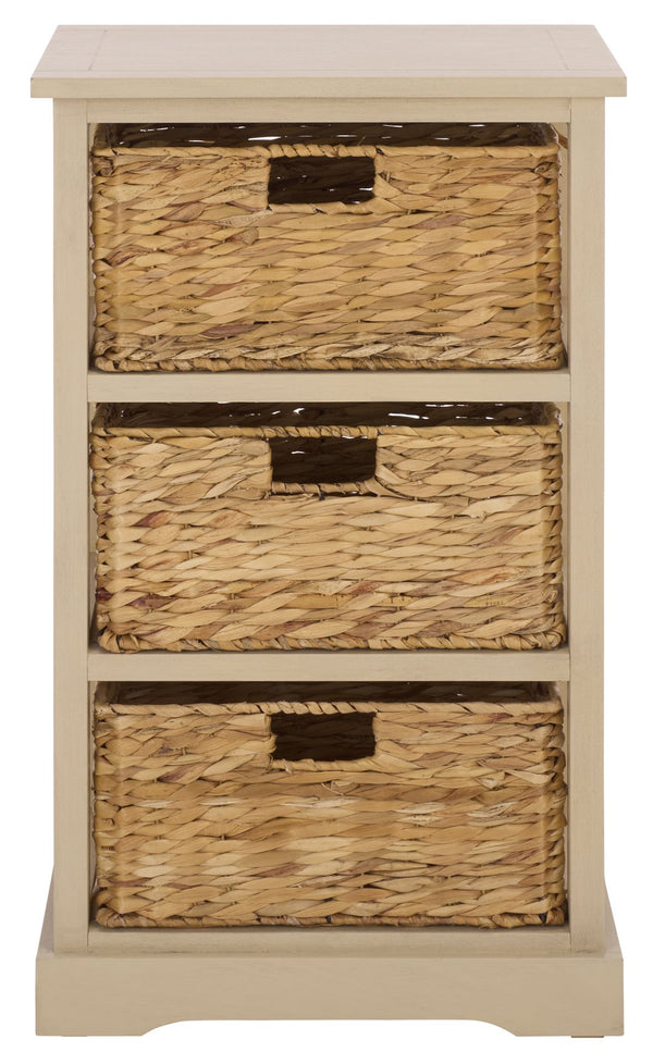 Halle Rustic Pine Side Table With Three Woven Baskets, Farmhouse Storage Accent For Living Rooms