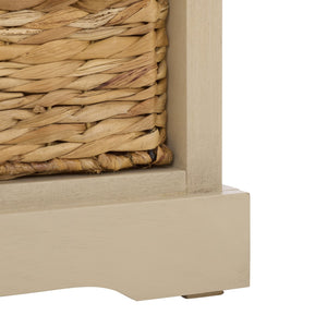 Halle Rustic Pine Side Table With Three Woven Baskets, Farmhouse Storage Accent For Living Rooms
